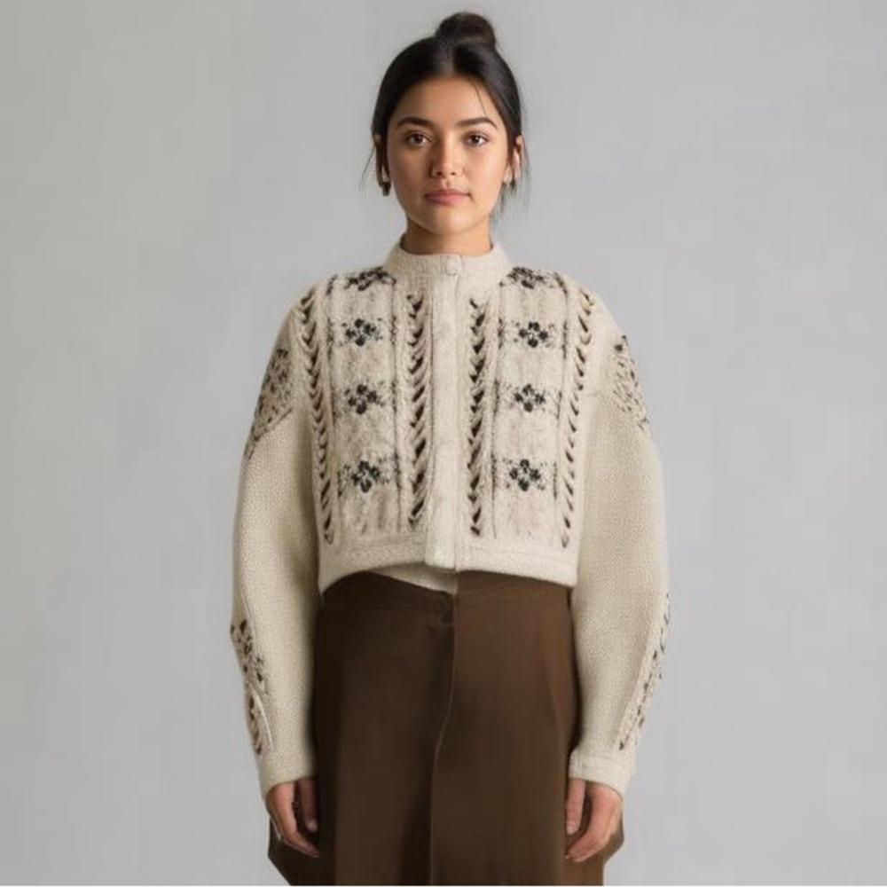 CO Tokyo cream brown alpine cable knit womens cardigan sweater fits Large